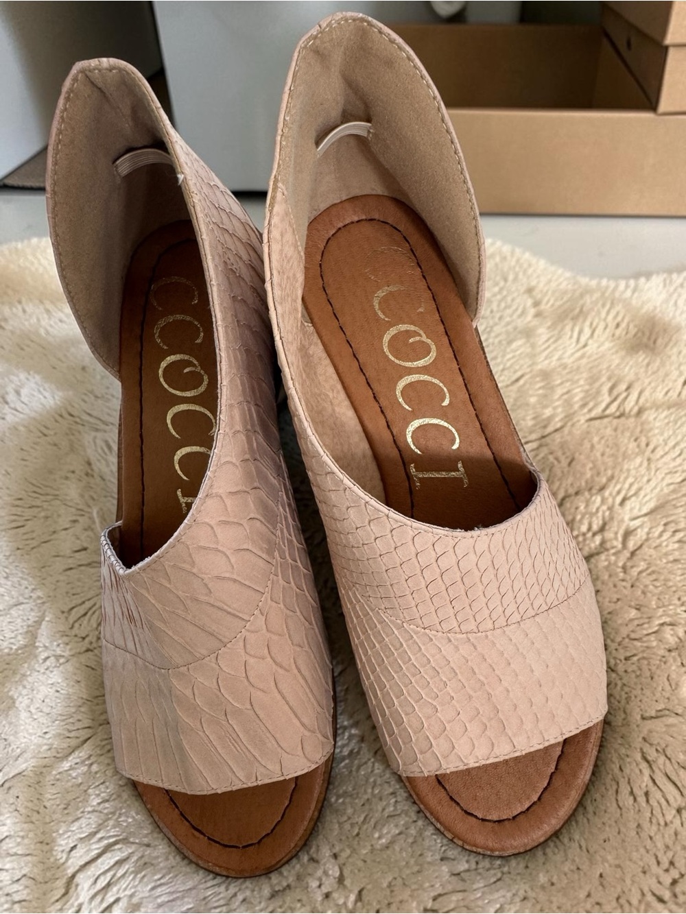 CCOCCI Women's Open-Toe Slip-On Mules in Blush Snake-Embossed Leather
